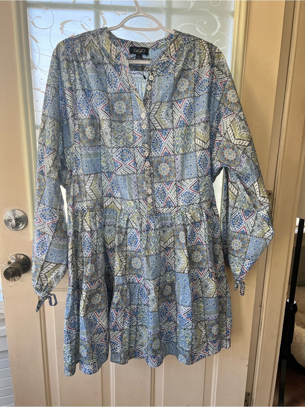 GiGiO blue patchwork print long sleeve oversized dress in a size L.